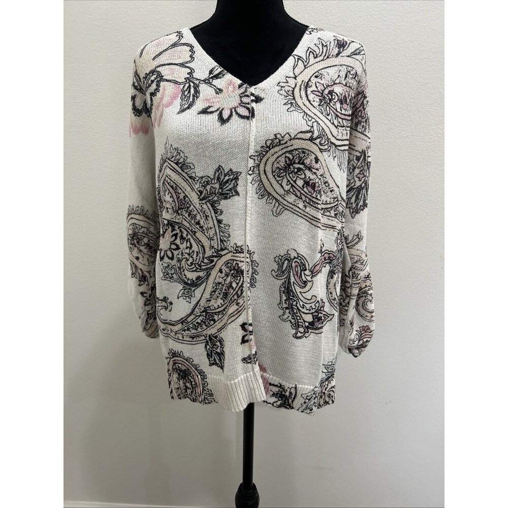 Chicos Sz 2 US L Sweater 3/4 Tab Sleeves V Neck Multi Color Paisley